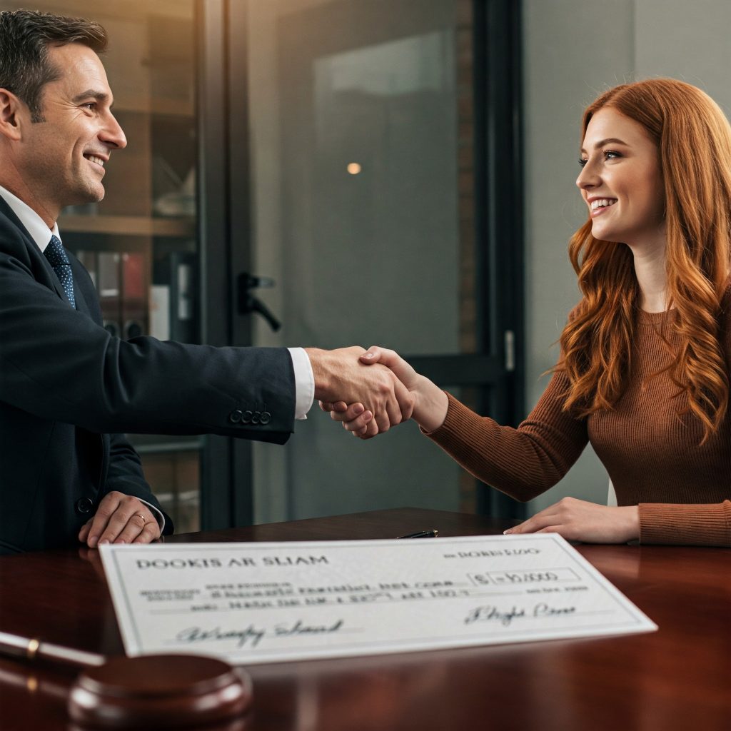A man and woman shaking hands at a desk, indicating a successful negotiation or agreement in a professional environment.