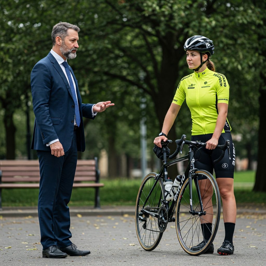 A man and a woman holding a bicycle standing side by side, both serious and dressed with one formal and one with bikers outfit in a bright outdoor setting.