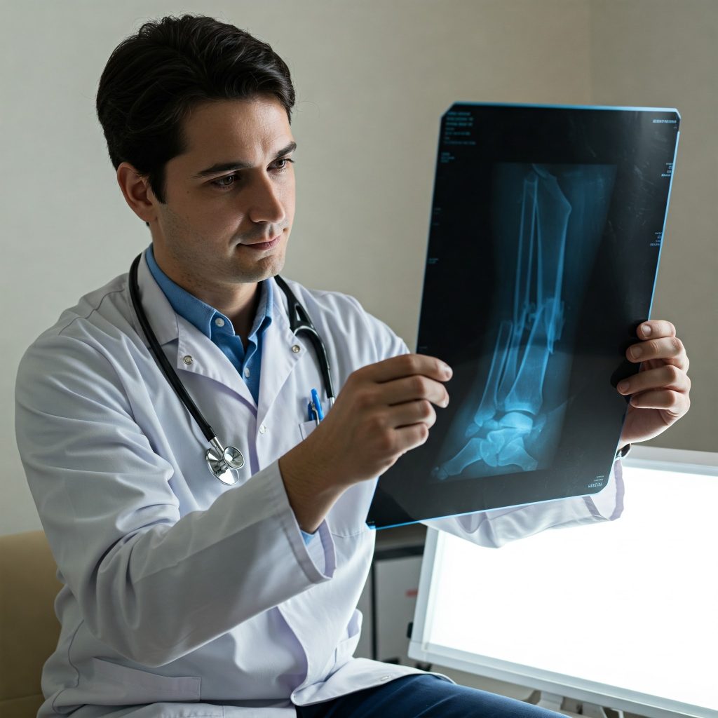 A male doctor displays an X-ray image, analyzing it intently in a medical office.