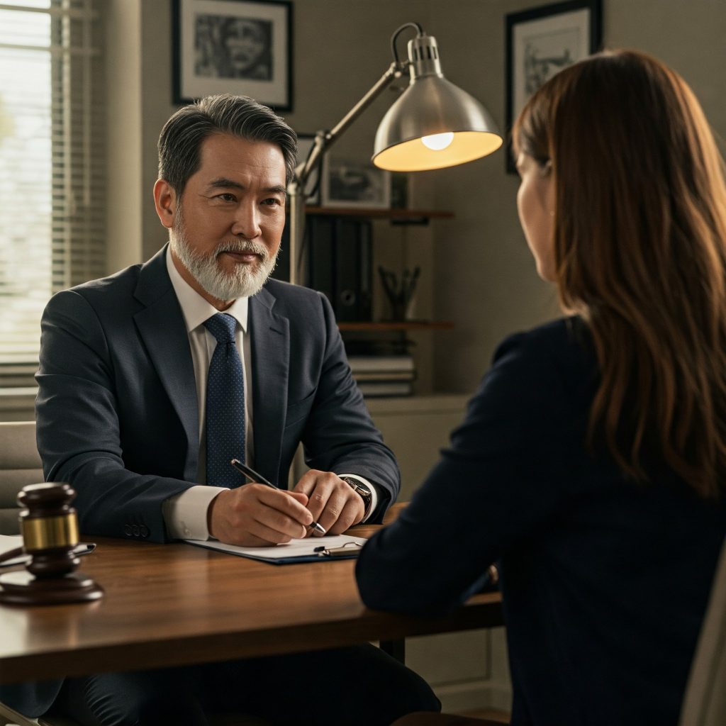 A man in formal attire sits at a desk, discussing with a woman who is seated opposite him.
