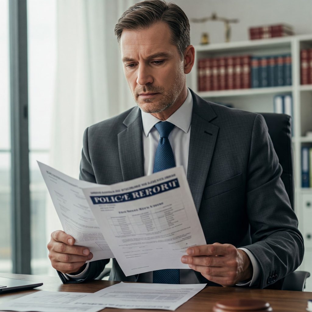 A man in a suit reads a Police Report while seated at his desk in a professional office setting. 