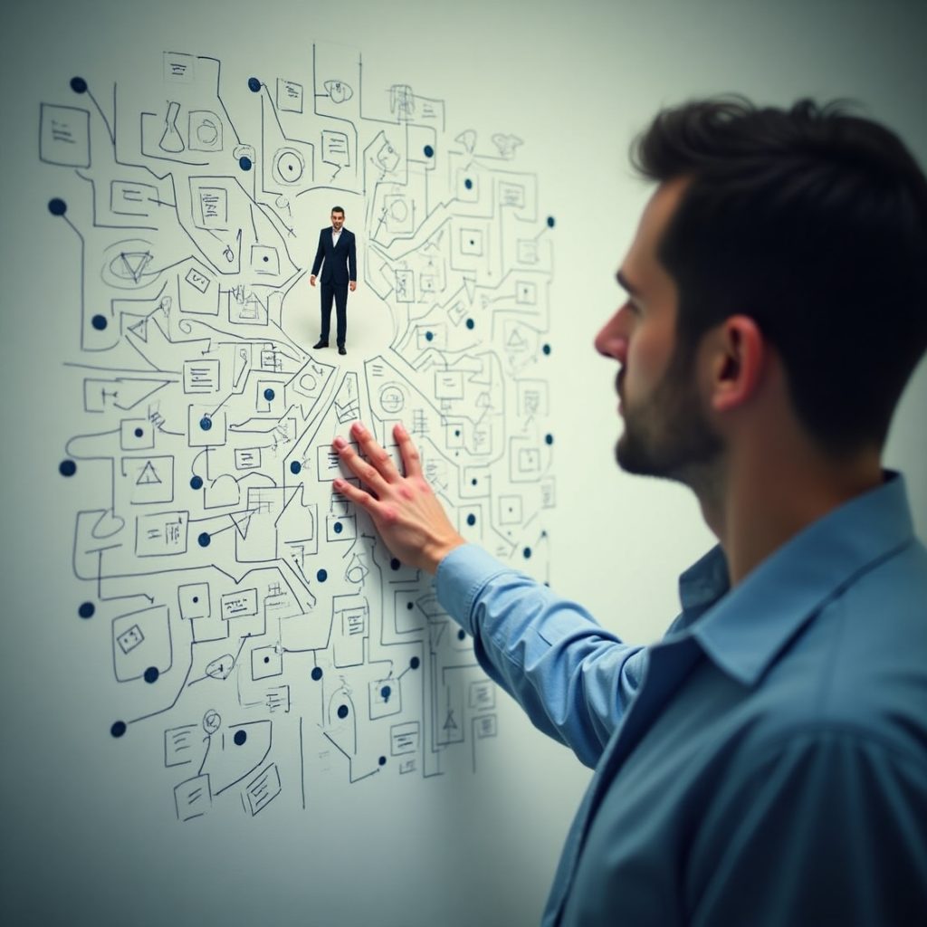 A man points to a wall featuring a business diagram with another man, suggesting an analysis or planning session in progress.