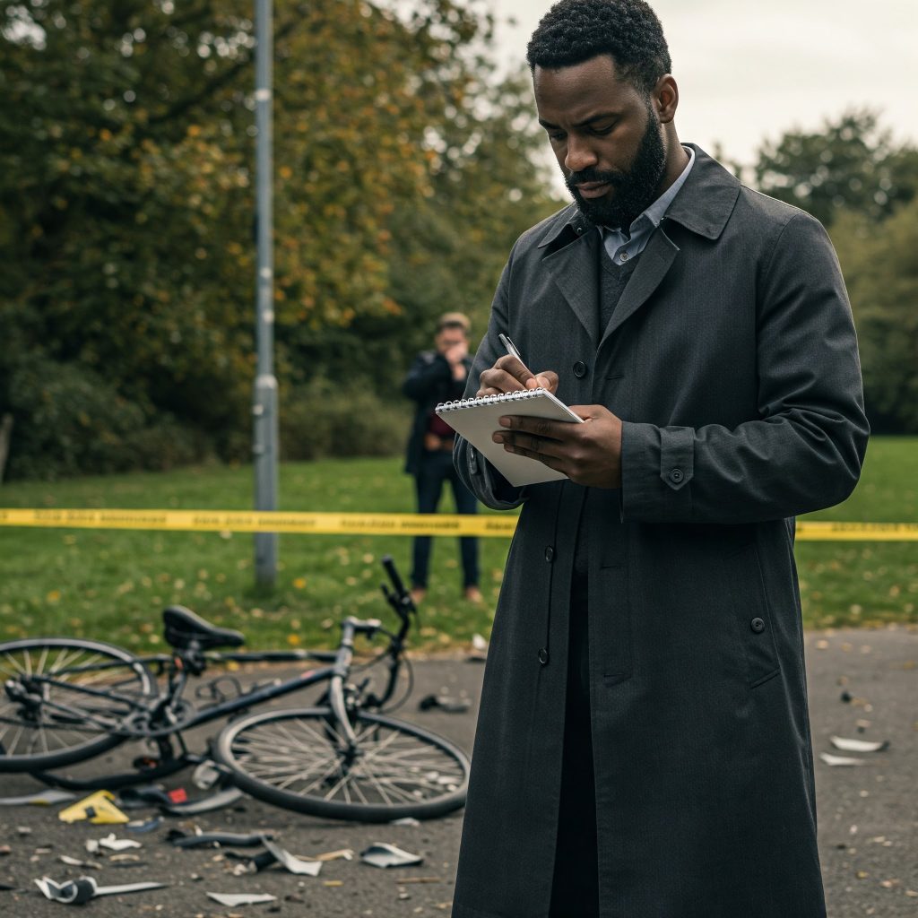 A man dressed in a tailored coat poses, exuding elegance and a sense of fashion, showing process of bicycle accident investigation.