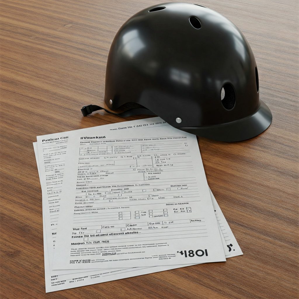 A helmet alongside paperwork on a table, symbolizing safety measures and documentation in a professional setting.
