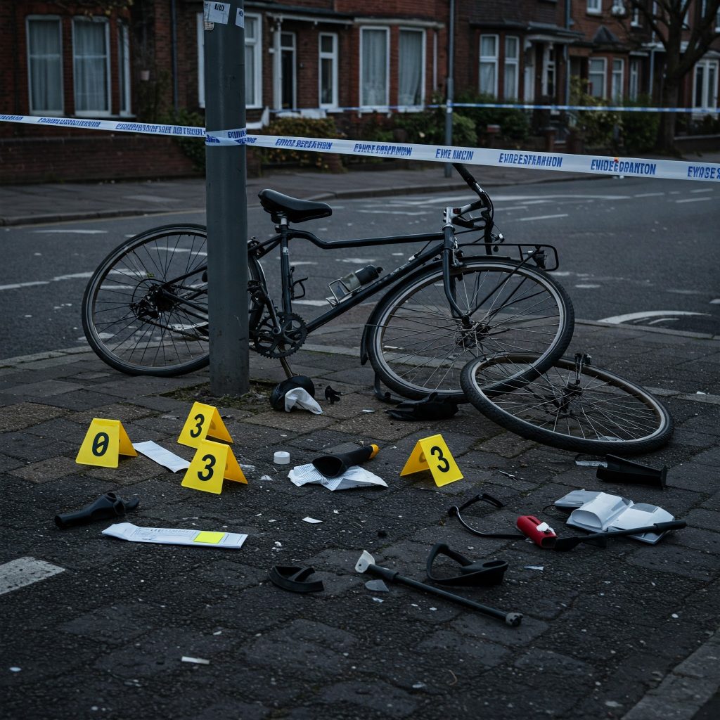 An unattended bicycle leans against the roadside, with a clear view of the pavement with evidence of a bicycle accident and nearby vegetation. 