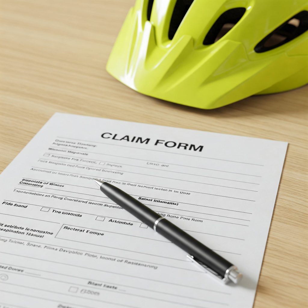A bike helmet rests next to a claim form on a wooden table, highlighting safety and insurance documentation.