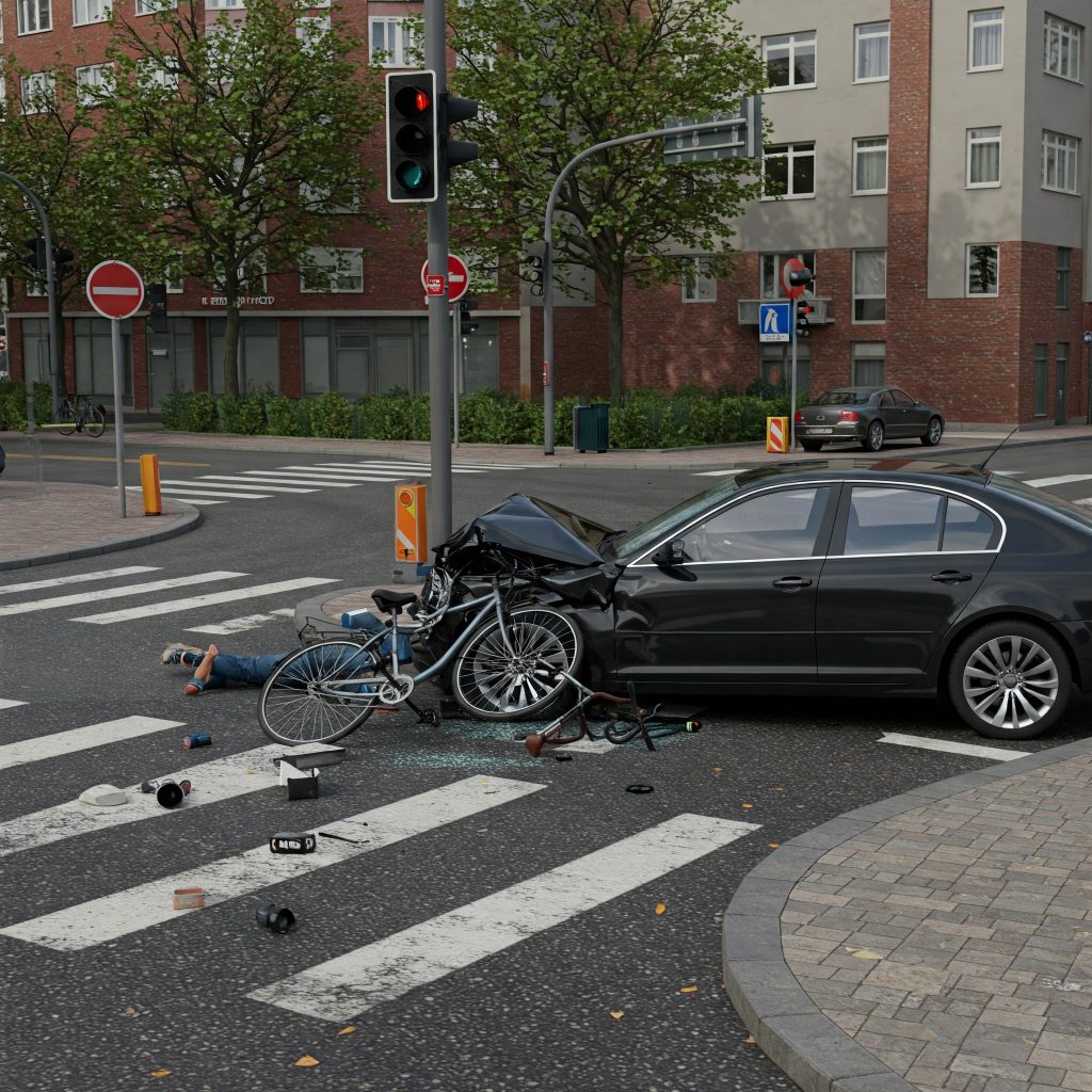 A car with noticeable damage on the side, showing evidence of a recent bike accident.