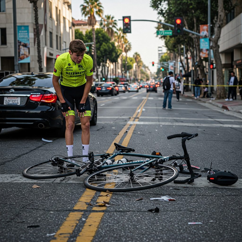 A man stands beside a fallen bike, looking at it with concern in an outdoor setting.